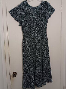 Max Edition Maxi dress XL green white polka dot smoked waist flutter sleeve
